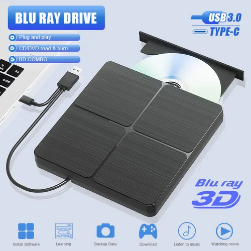 Unidad de DVD Blu-ray externa USB 3,0 portátil BD-Combo reproductor de CD y DVD grabadora para ordenador portátil PC ordenador portátil Windows Mac