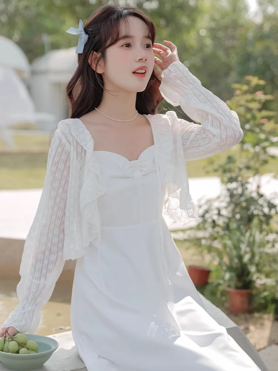 

Нежный кардиган с кружевной отделкой и поясом для защиты от солнца, женская летняя верхняя одежда с юбкой и тонкой накидкой на плечи