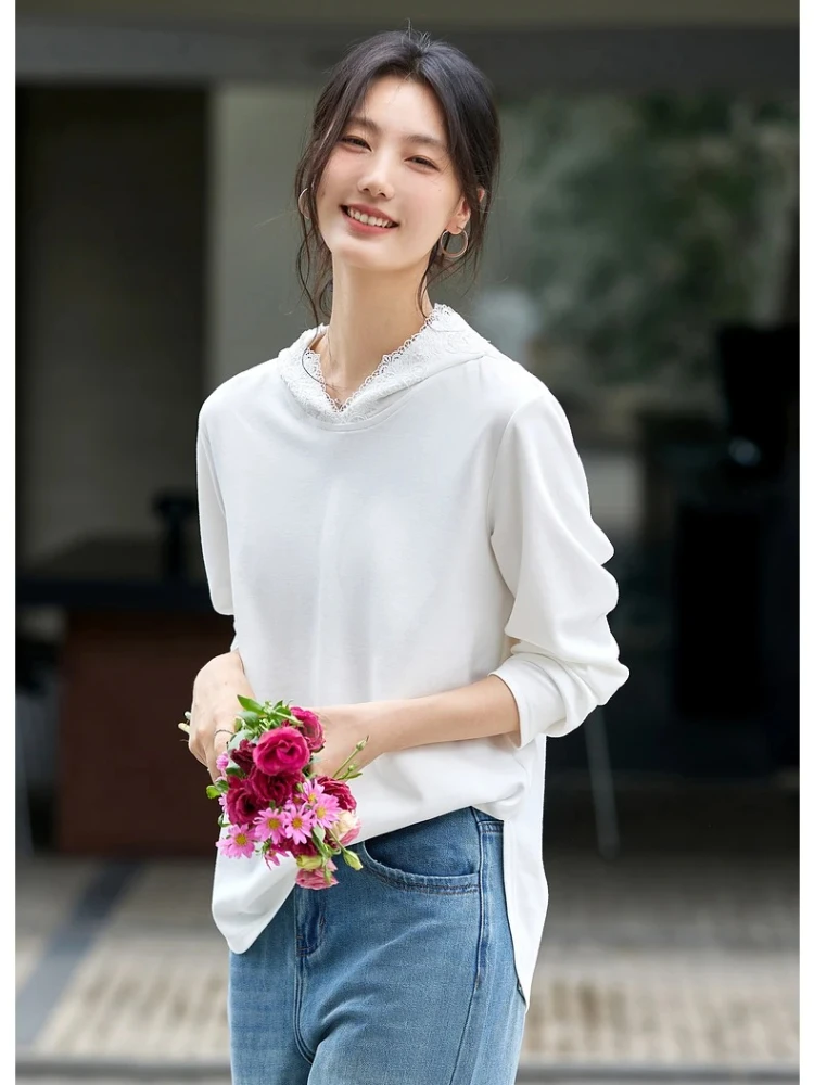 VIMLY Women's White Long Sleeve Tops Casual Lace Hooded Ladies Tees Autumn 2025 New Elegant Knitted Cotton T-shirts Femmes A2135