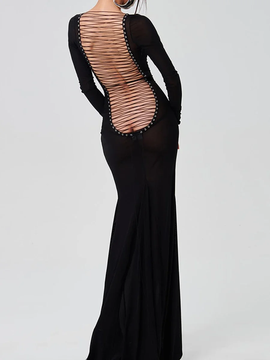 Women See Through Bodycon Long Dress Long Sleeve Mesh Sheer Maxi Dress Cross Tie Up Backless Club Party Dress