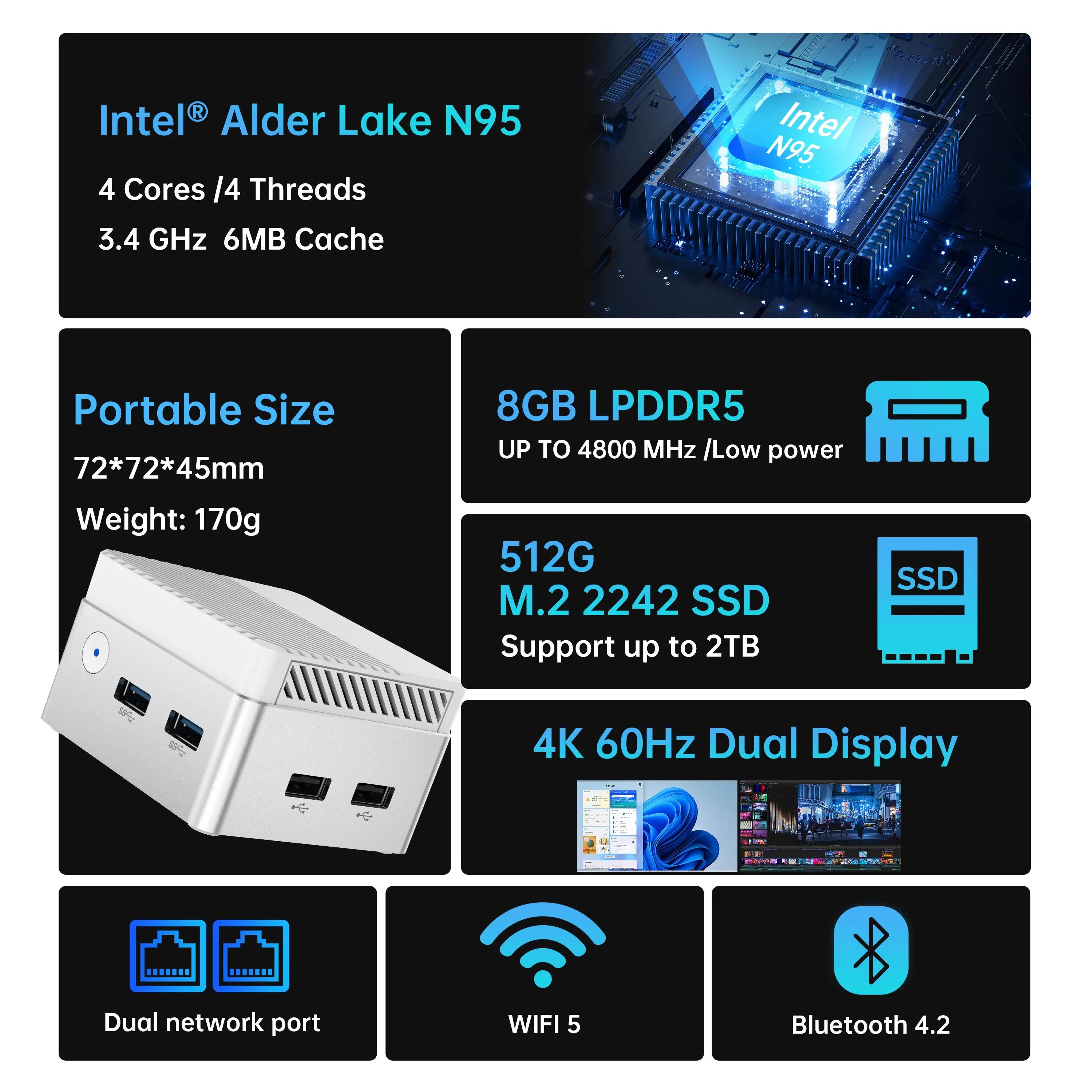 MOREFINE Mini PC 12th Gen N95 (حتى 3.4 جيجا هرتز) 8 جيجا بايت LPDDR5 256 جيجا بايت NVME SSD كمبيوتر صغير متوافق مع Windows11Pro يدعم 4K@60