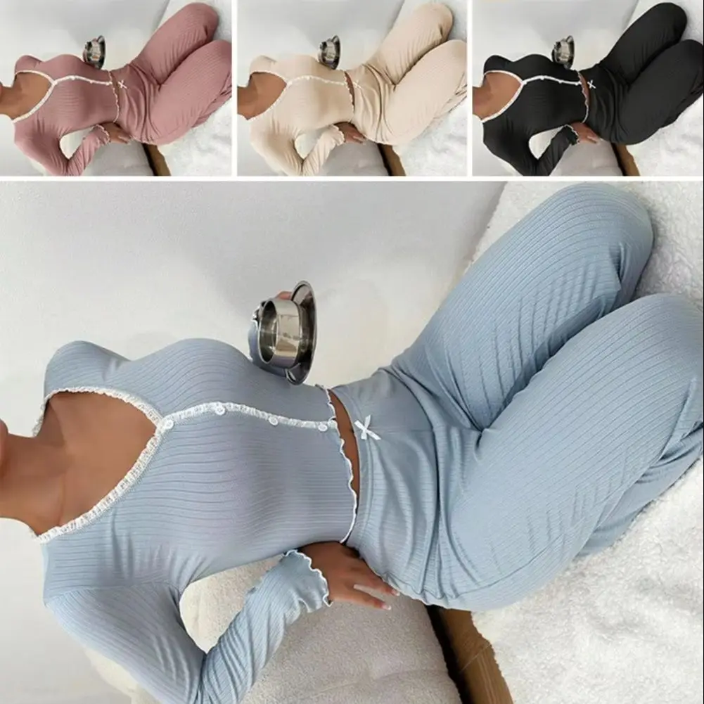 

Женский пижамный комплект, мягкая удобная одежда для сна, элегантные пижамные комплекты с кружевной отделкой для женщин, вязаный укороченный топ в рубчик с широкими штанинами на осень