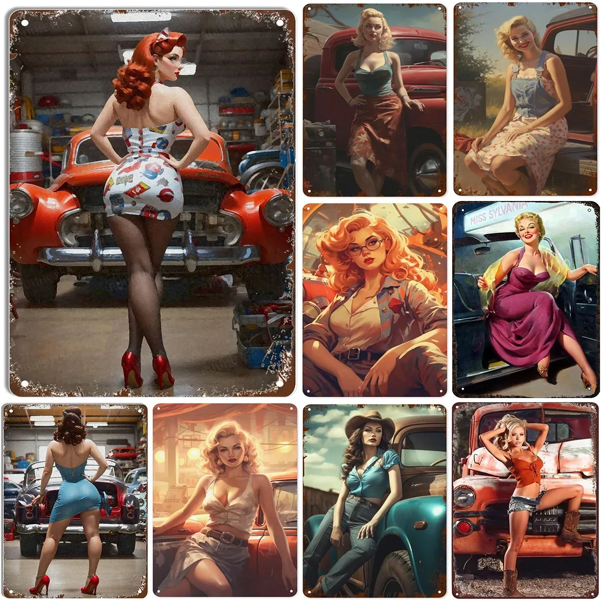 Vintage Metal Tin Signs  Pin Up Girls  Classic Cars  Funny Art Wall Decor for Home Man Cave Garage Cafe Bar  Club