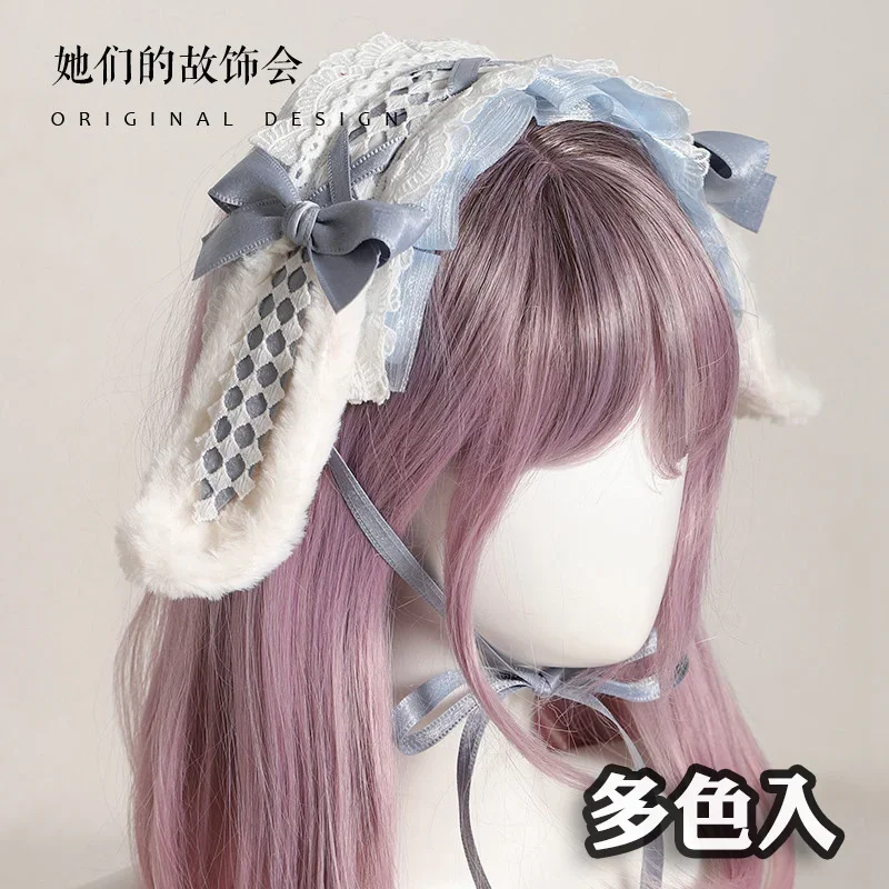 Anime Lolita Cosplay Animal Headband Cute Plush Puppy Ears Ruffled Lace Ribbon Bowknot Hair Hoop Headpiece