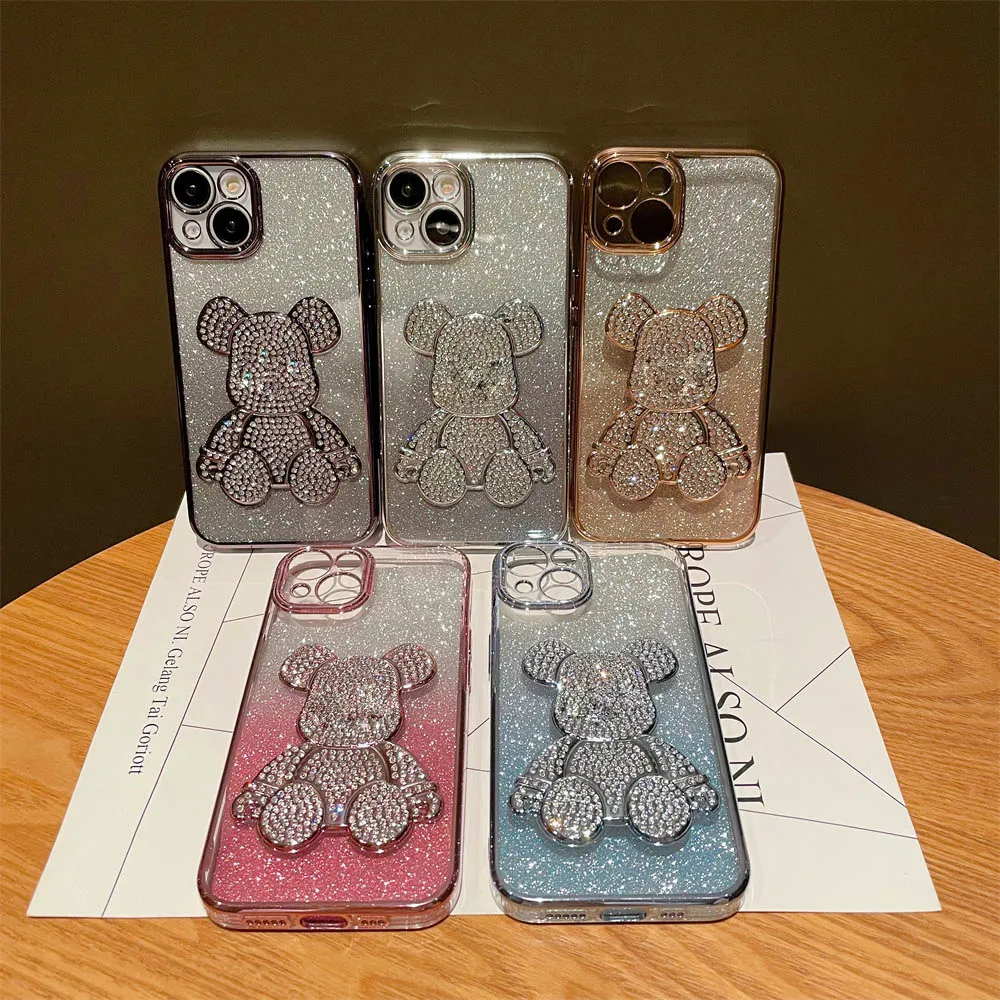 Fashion Crystal Bear Clear Phone Case for iPhone 15 14 13 12 11 Pro Max 14 Plus Plating Frame Gradient Glitter Shockproof Cover