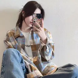 American Plaid Women's Shirt Long Sleeve Loose Casual Trend Outdoor Wear Retro Fashion Lattice Youth Lively Bright Fashion Easy