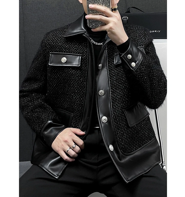 

Autumn Winter Thiened Men's Jaet Soft Woolen Tweed Leather Patchwork Loose Fit Versatile Outerwear Youthful Trendy