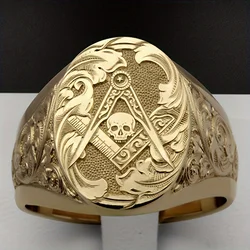 Luxury 18K Gold Plated Carving Skull Mason Rings for Men Fashion Chunky Punk Finger Ring Male Vintage Party Jewelry