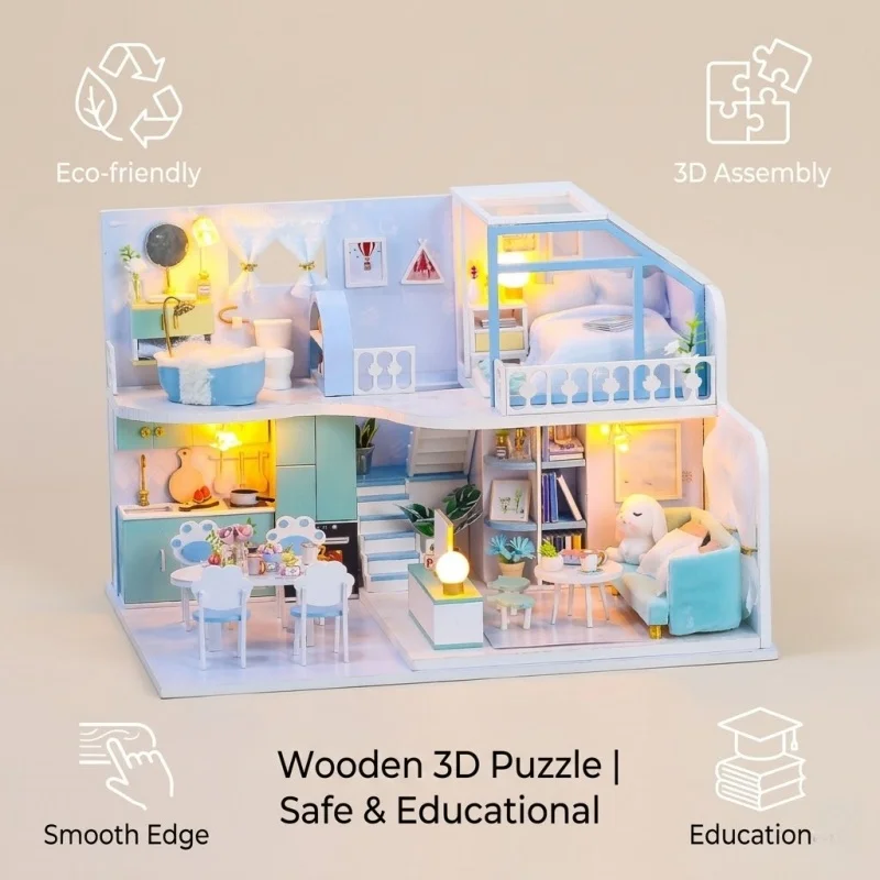 

OUZEY Blue Mist Love DIY Wooden Miniature Villa Kit Handmade Assembly Cozy Home Model Desktop Decor Creative Gift
