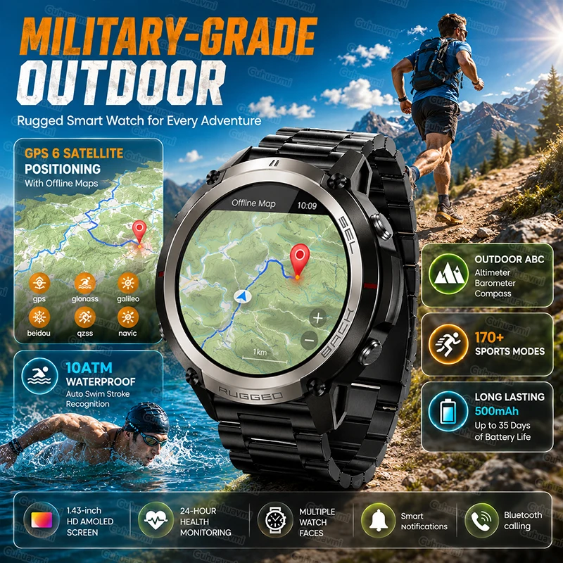 

Offline Map Outdoor Adventure Military GPS Smart Watch 5ATM Waterproof Compass Barometric Clock HD Call Sports Watches Man 2026