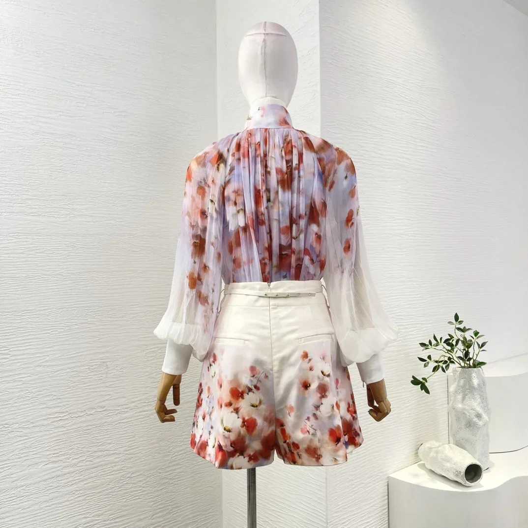 2025 Spring Summer High Quality New Pleats Floral Print Long Sleeve Stand Collar Blouse and Shorts Set Women Outfit