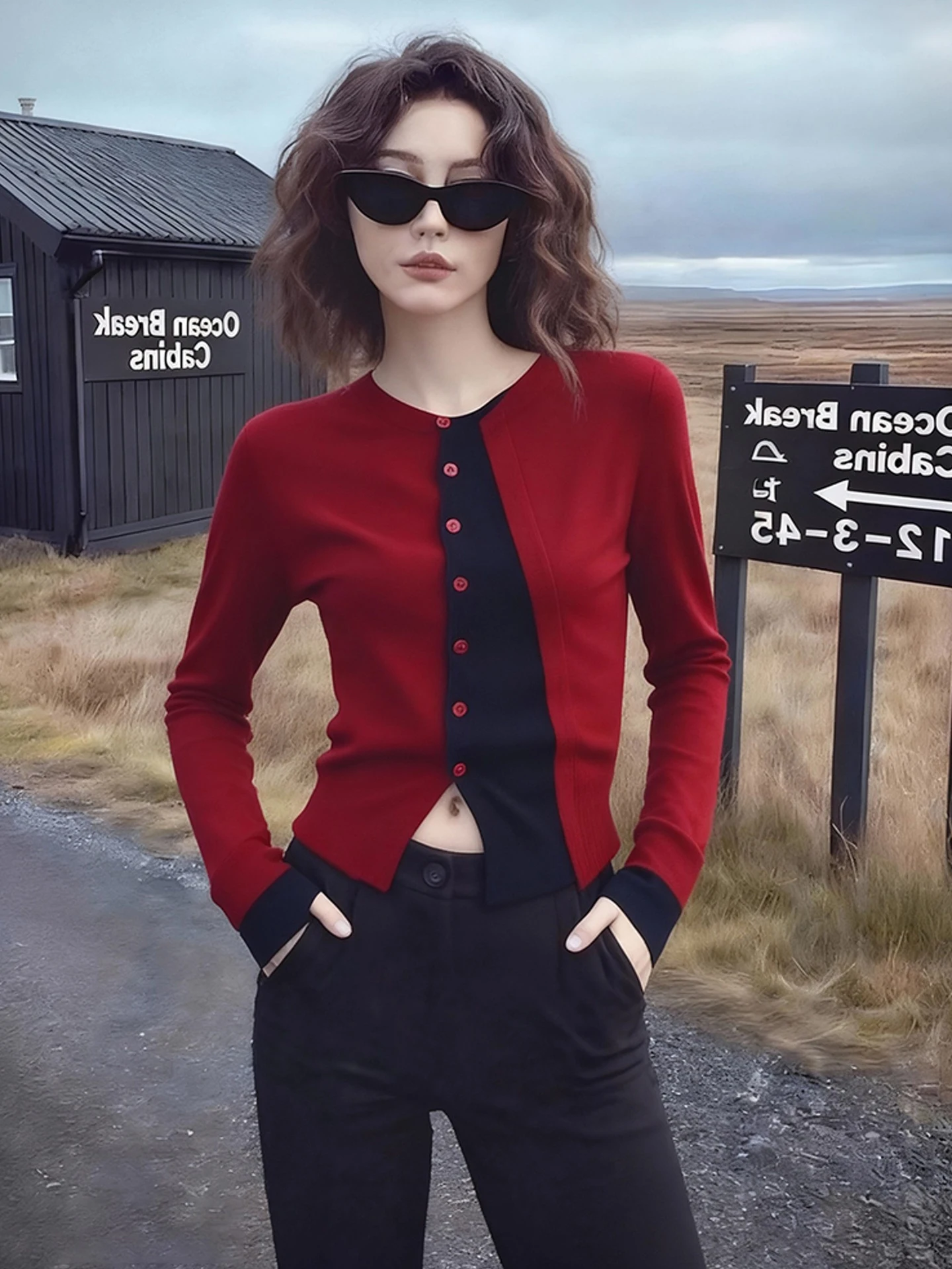 Rouge tricoté longue Sve Base irt bouton unique conception hiver nouvel an Faion coupe ajustée trajet Sle Version coréenne tricots