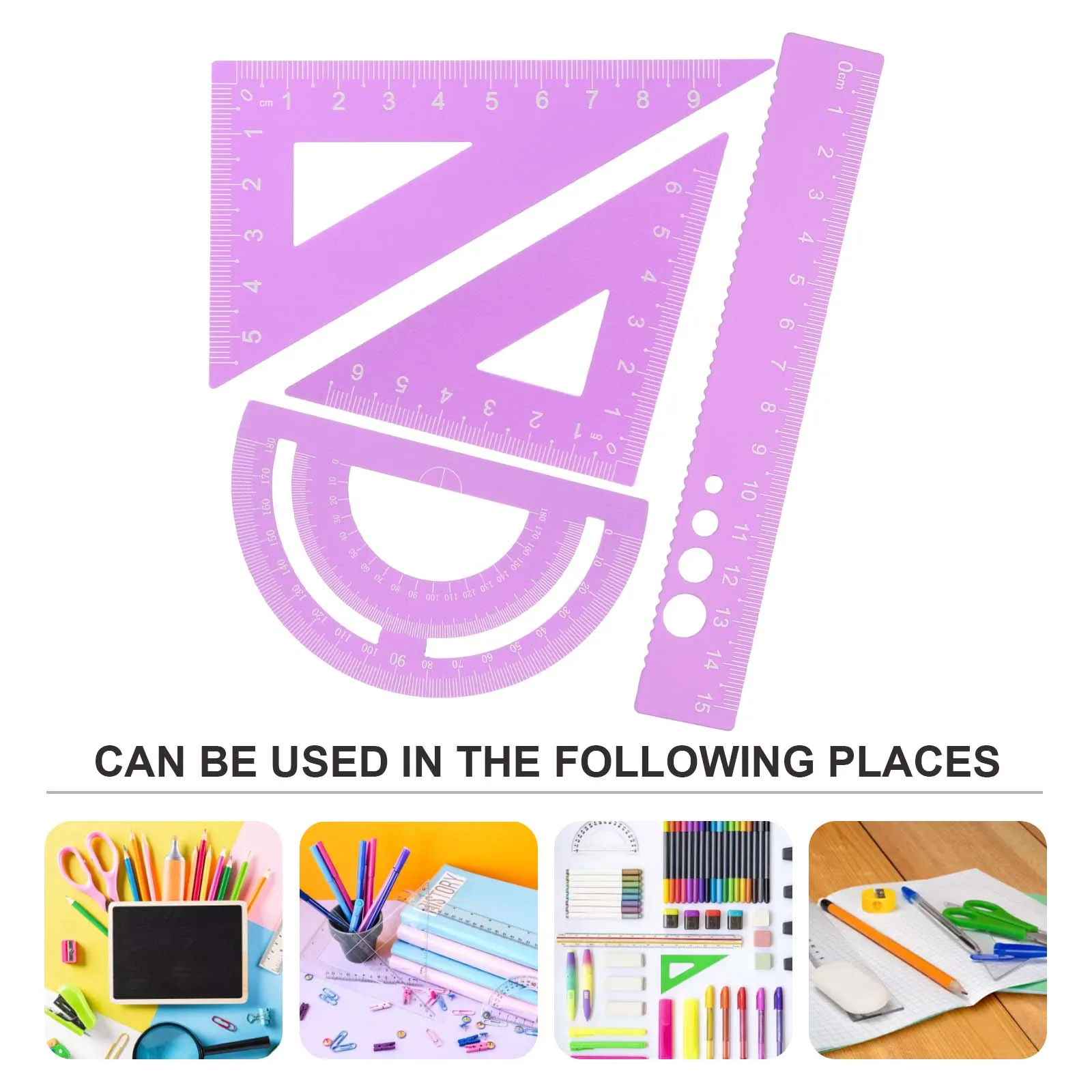 4pcs Aluminum Alloy Ruler Set Geometry Math Tools Office School Measurement Kit Portable Lightweight Stationery For