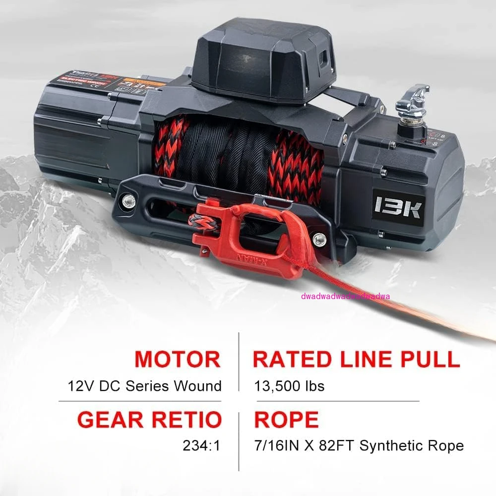 New Waterproof Electric Synthetic Rope Winch 12V with Hawse Fairlead,2 in 1 infrared remote control, wired control for Truck SUV