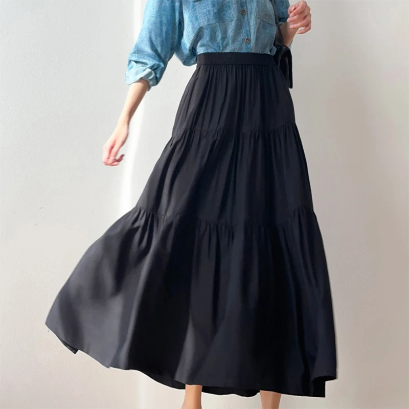 Women Silk Skirt 70% Mulberry Silk 30% Cotton Solid Colors Black Gray White Long Type A-Line Skirts Summer Beach Big Hem M1103