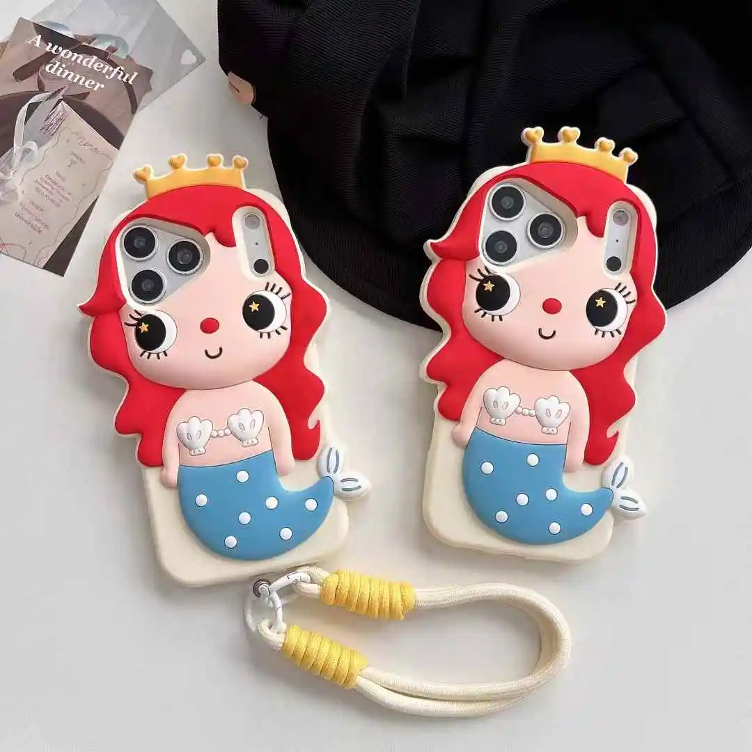 3D Cute Cartoon Mermaid Girl with Crown Silicone Phone Case Anti-Drop Protective Cover for iPhone 17 16Pro ProMax Plus