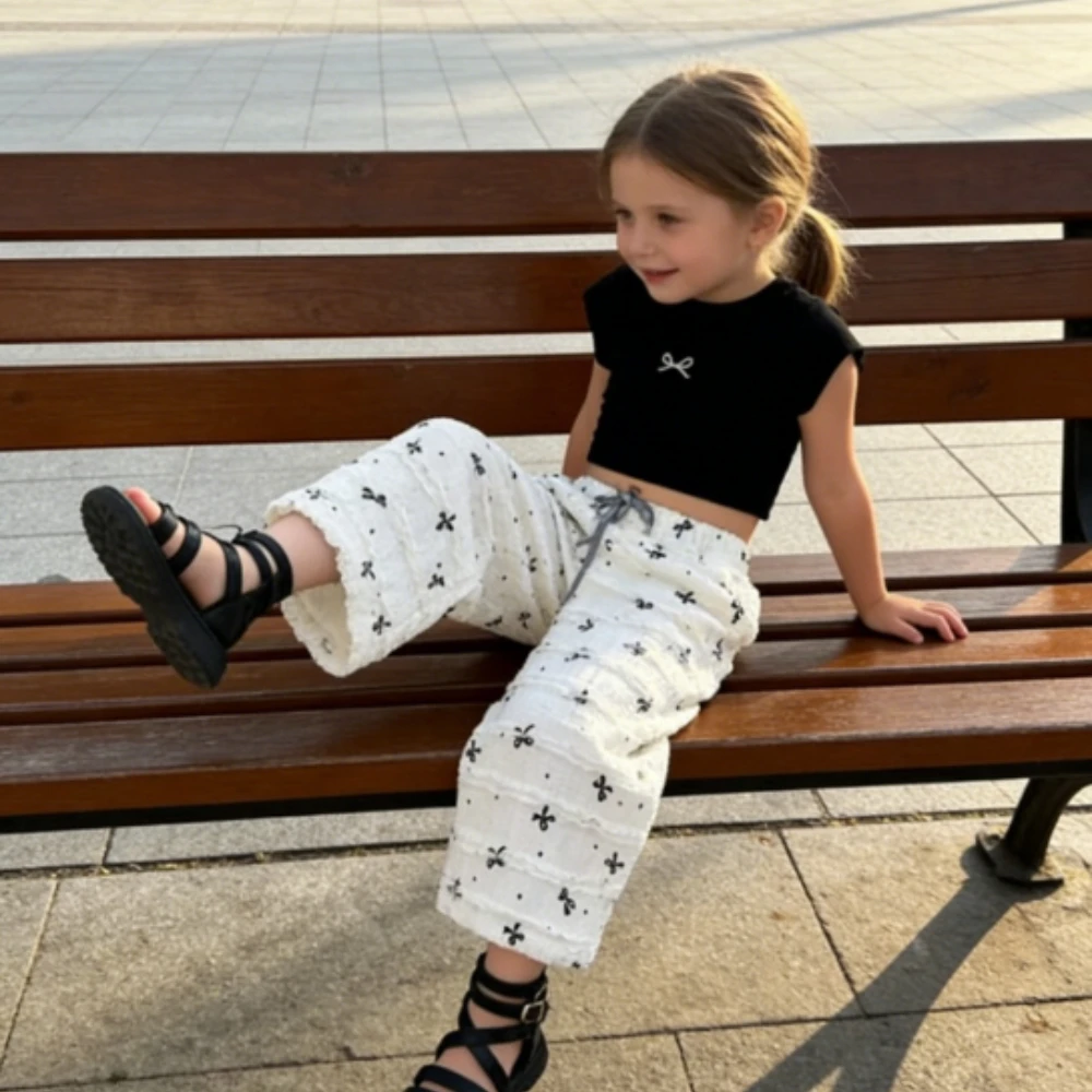 

Girls Short Sleeve Set 2026 Summer New Korean Girls Bow Top Wide Leg Pants Childrens Summer Clothes Simple Daily