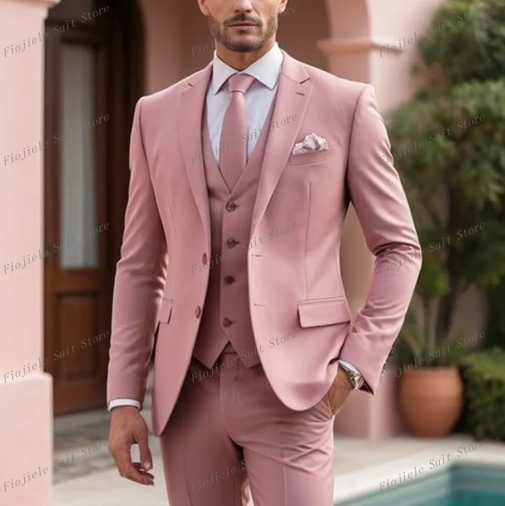 

New Pink Business Men Suit Groom Groomsman Prom Wedding Party Male Formal Occasion Tuxedos 3 Piece Set Blazer Vest Pants 01