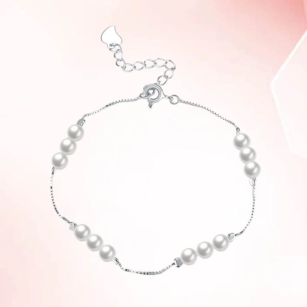 

Pearl Bracelet Sterling 925 Silver Adjustable Thin Chain Charm Elegant Pearl Bead Wristwear Stylish Comfortable Fits Most Outfit