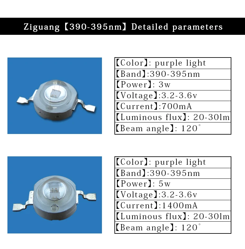 Luz violeta púrpura de alta potencia, 50 piezas, 365nm, 380nm, 395nm, 405nm, 3W, 5W, Detector Led, lámpara de curado UV, Chip