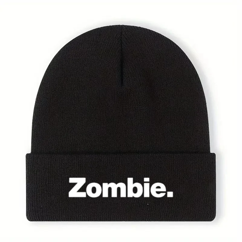 Zombie Black Knit Hat, Windproof Warm Stretchy Ski Hat, Unisex Style, Printed Brimless Beanie, Futuristic