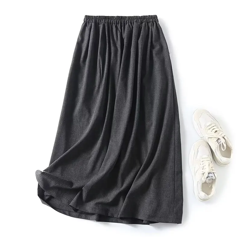 Withered 2024 Gray Pleated Loose Color Spring Fashion Skirts Womens A-line Miid Skirt Ladies