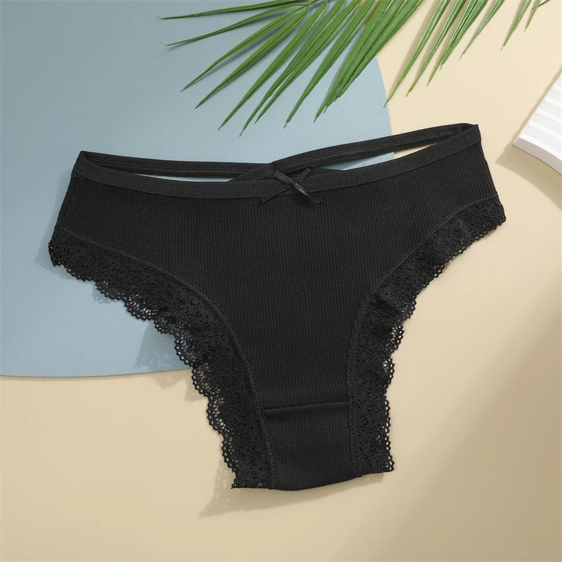 2PCS Cotton Panties for Women Sexy Lace Brazilian Briefs Female Low-Waist Cross Webbing Underpants Stretch Breathable Intimates