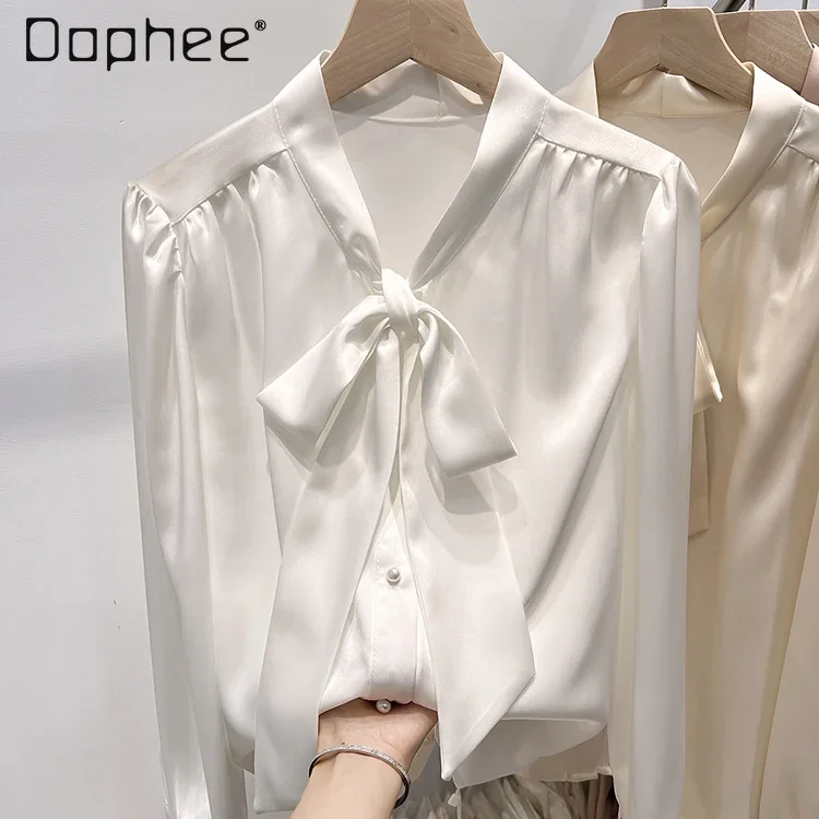 

Ladies Lace Up Satin Blouse Solid Color Long Sleeve V Neck Pearl Single Breast Chiffon Shirt Commute All Match Elegant