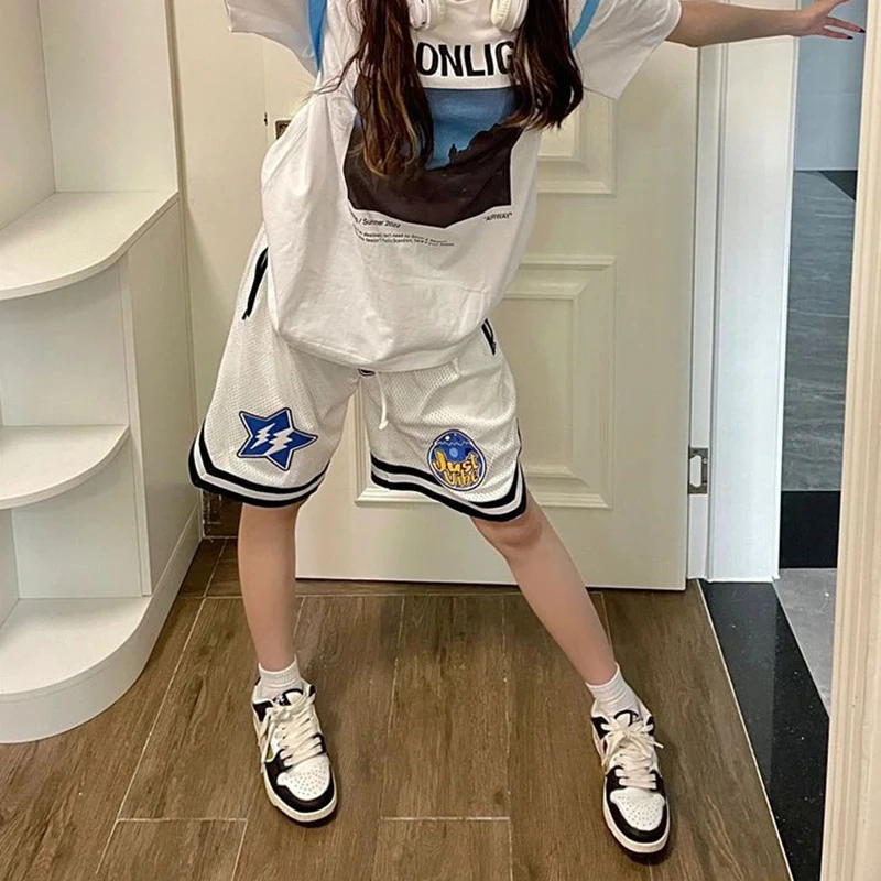 Streetwear Sport Shorts Women Y2K Letter Print Oversized Sweat Shorts Bf Students Loose Casual Drawstring Basketball Short Pants