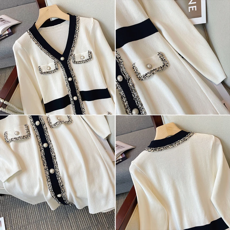 Nữ Chiếu Trúc Hạt Nút Đầm Dệt Kim Cổ V Sang Trọng Thu Đen Trắng Đánh Màu Ngọc Trai Nơ Có Cổ Áo LEN ĐẦM
