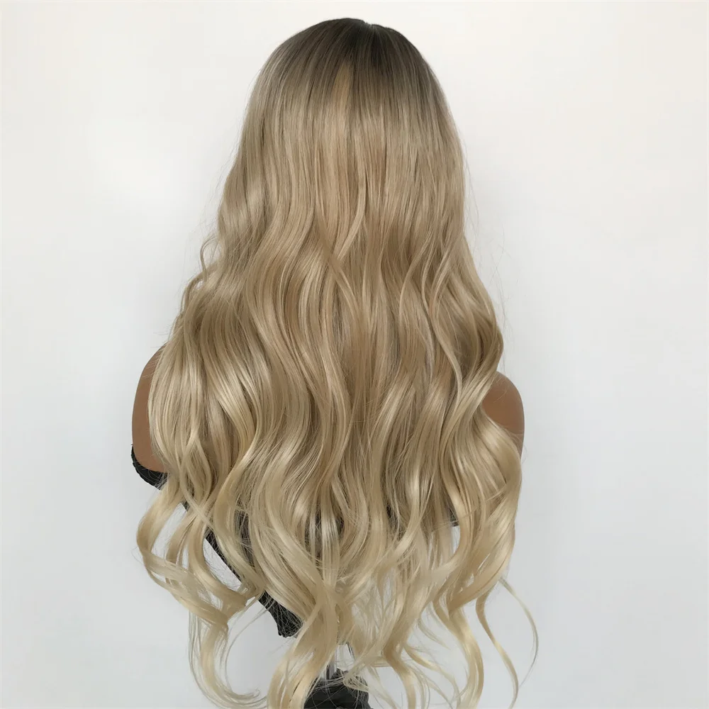 Ombre blond Body koronkowa fala peruka Front syntetyczna koronka peruki dla kobiet bezklejowe podkreślanie blond włókno termoodporne włosy codziennie