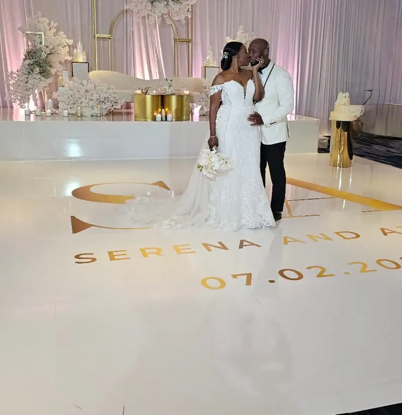 

Custom Wedding Decal Dance Floor Wrap Gloss Removable Vinyl. Monogram Print and Vinyl to cover the entire dancefloor. Wedding lo