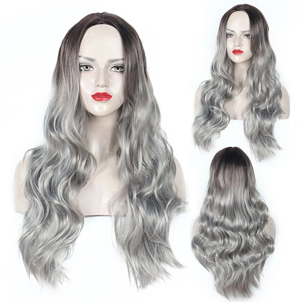 70Cm Lange Body Wave Krullend Middendeel Pony Synthetische Pruiken Ombre Zilver Grijs Haar Hittebestendig Cosplay Halloween Vrouwen Diy Pruik