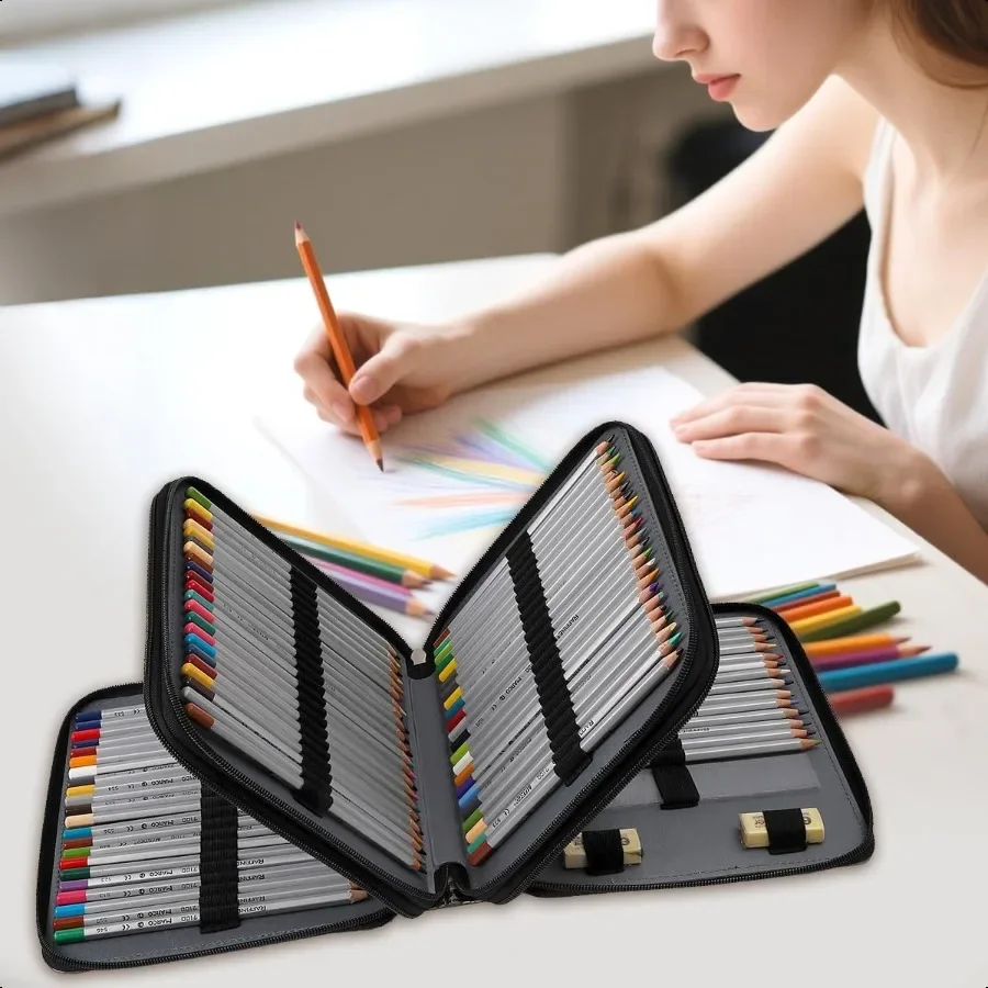 مقلمة ملونة ذات سعة كبيرة 124 فتحة من جلد البولي يوريثان مع سحاب إغلاق منظم محمول لأقلام الألوان المائية مثالية لـ