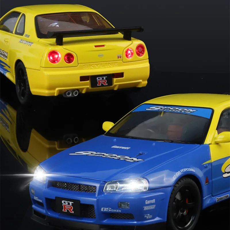 1:18 Skyline Ares GTR GT-R R34 pista de aleación modelo de coche deportivo Diecast Metal coche de carreras vehículo modelo sonido y luz niños juguete para regalo