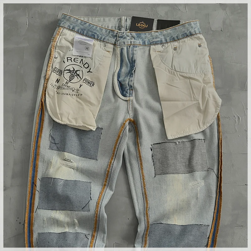 Pantalones vaqueros informales elásticos ligeros para hombres, pantalones de mezclilla de pies pequeños, delgados, nostálgicos, rasgados, de tubo recto, tendencia