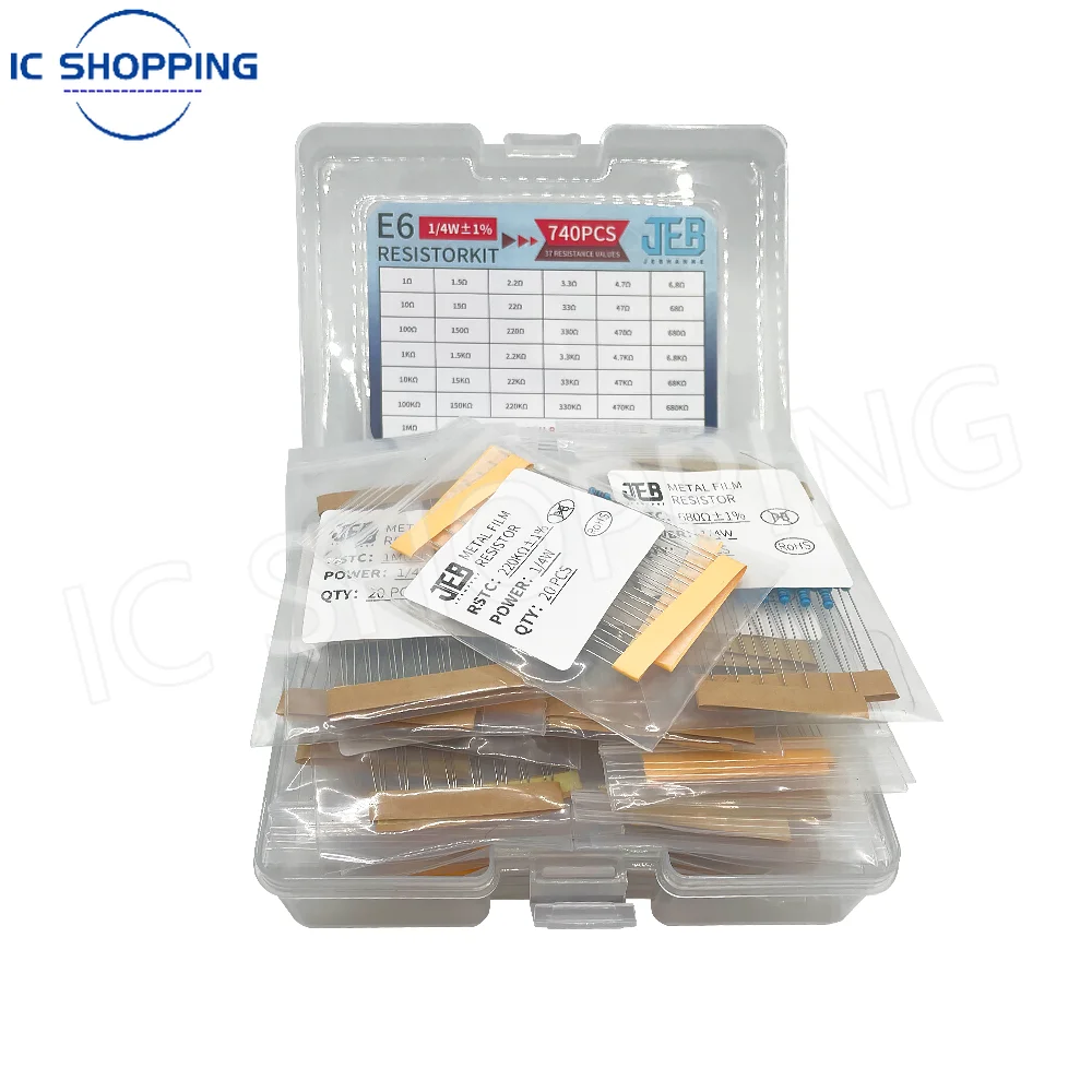 740PCS 1/4W Resistor Kit 37 Values Resistor Assortment 1Ω~1MΩ 0.25W 1% 5% Metal Film Resistors for DIY Projects and Experiments