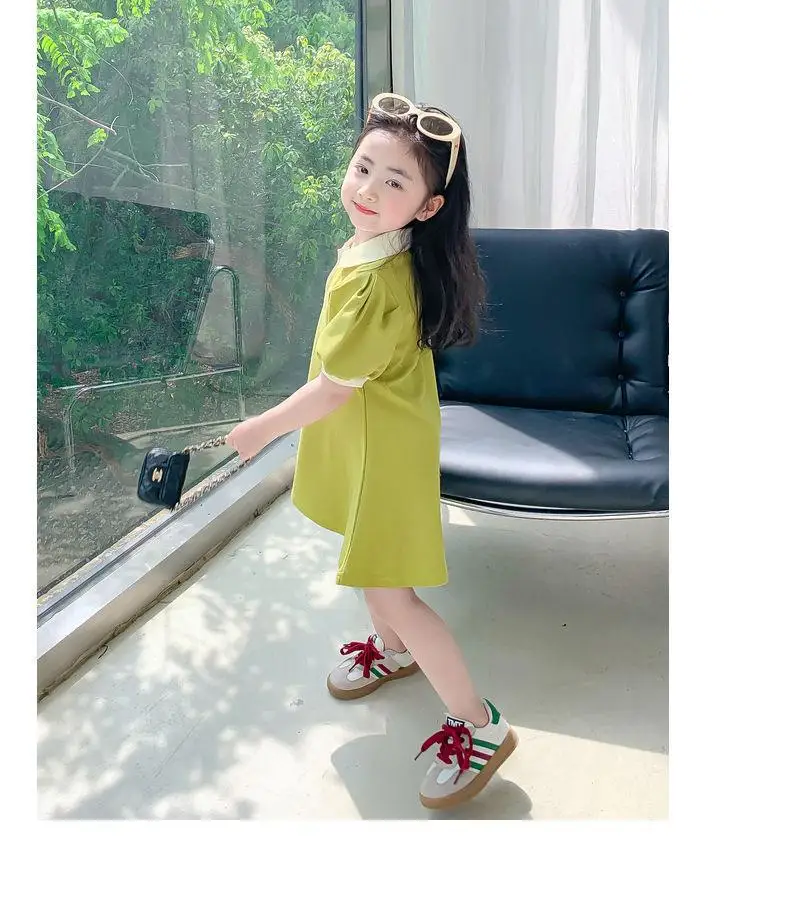 2024 New Children's Summer Dress Girl's Korean Edition love Bubble Sleeves Flip Collar Dress 1-12 Year Old Princess Dress image 6
