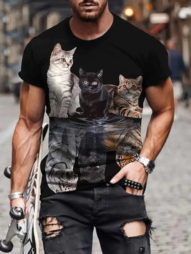 Summer Fashion Funny Cartoon Cat Graphic T-shirt For Men New Trend Casual Personality 3D Printed Round Neck Short Sleeve Tee Top