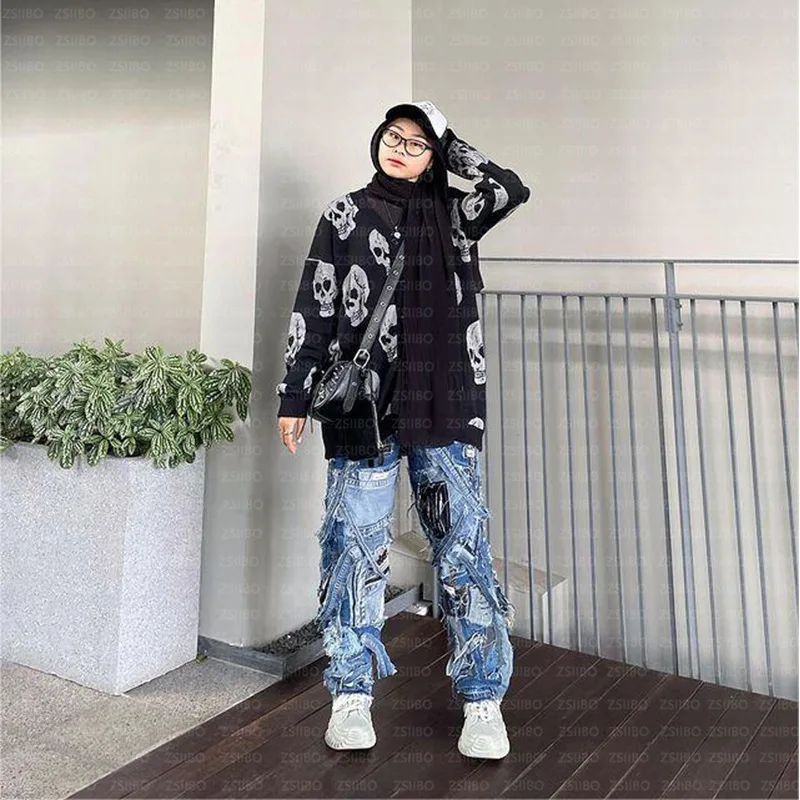 

Осень-зима 2025 г., новое свободное пальто на Хэллоуин, вязаный свитер, жаккардовый свободный кардиган с длинными рукавами и черепом, свитер ﻿