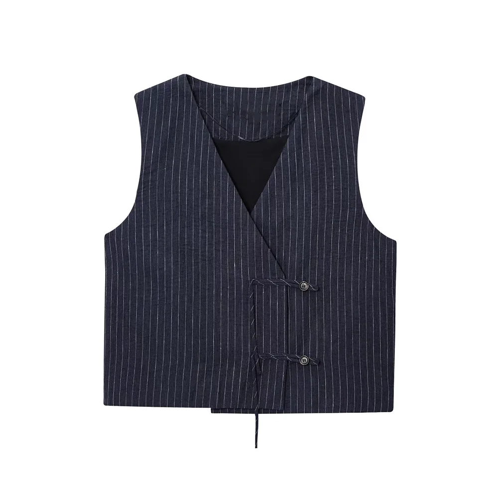 

Лето 2021, новая женская одежда в стиле ретро, повседневный и универсальный полосатый жилет без рукавов с v-образным вырезом, жилет