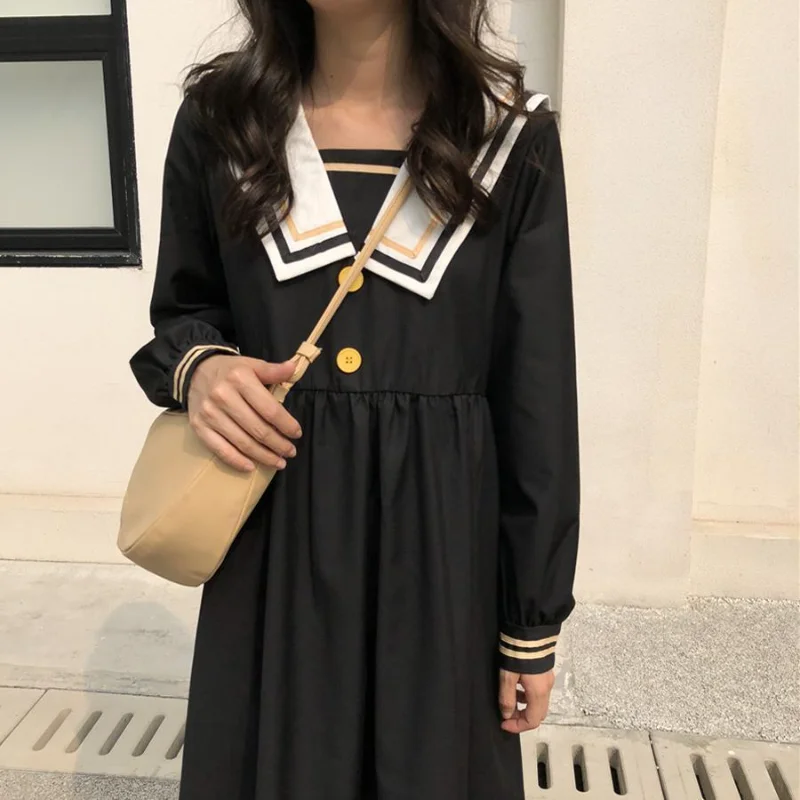 Japan Preppy Style Long Dress Female Clothing Sailor Collar Spring Autumn Contrasting Colors Stylish Patchwork A-Line Dresses