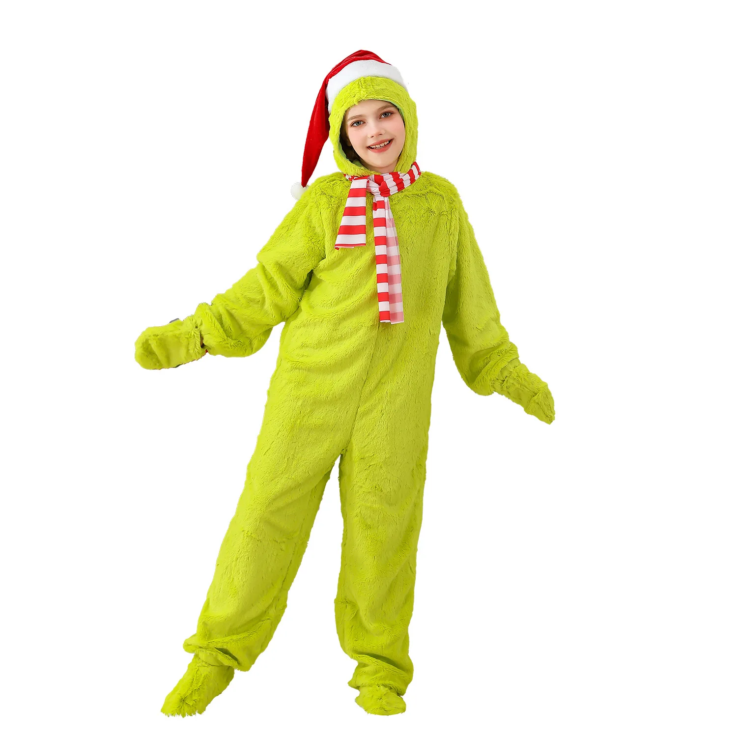 クリスマスグリーンモンスターサンタクロースコスプレ毛皮のようなジャンプスーツグローブフットカバーストライプスカーフ帽子パーティーステージショー衣装新年