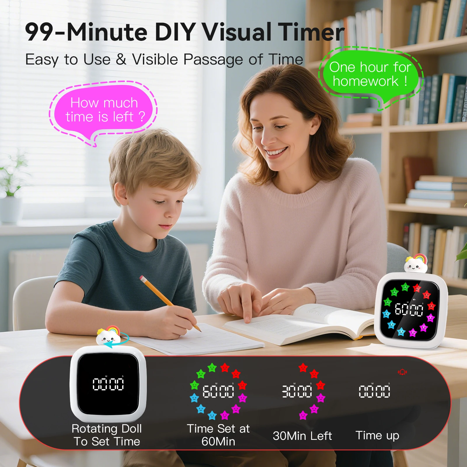 مؤقت العد التنازلي البصري القابل لإعادة الشحن مع وظيفة الإيقاف المؤقت، مؤقت رقمي صامت لمدة 99 دقيقة للأطفال مع 19 نغمة رنينًا، شاشة DIY #3
