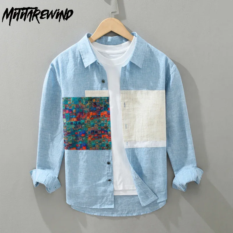 

Мужские рубашки из 100% льна, дышащий топ, летняя пляжная мужская рубашка с длинным рукавом, лоскутная дизайнерская рубашка, японская винтажная одежда