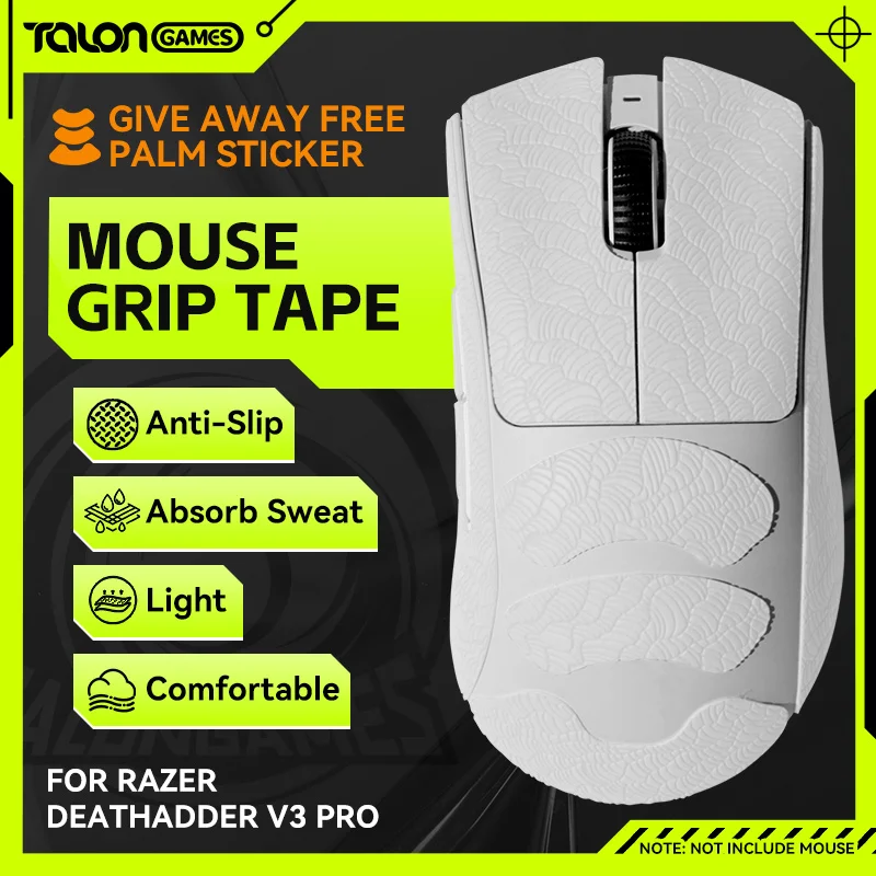 

White TALONGAMES Mouse Grip Tape For Razer DeathAdder V3 Pro Mouse,Palm Sweat Absorption, Side All Inclusive Anti-Slip Tape