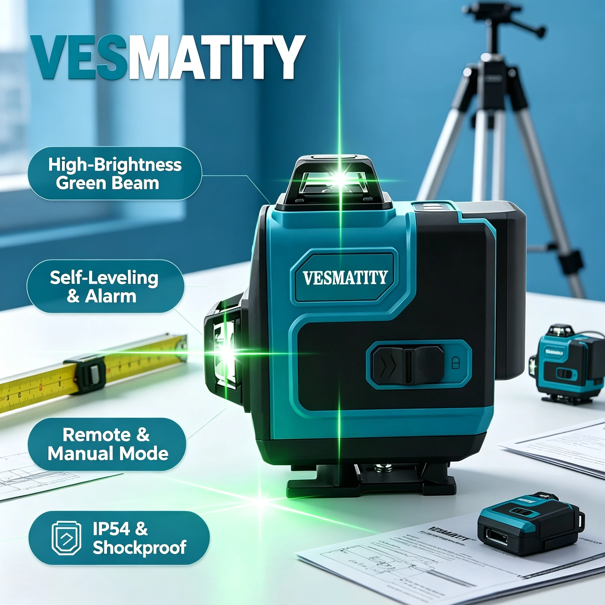VESMATITY 16 Lines Green Laser Level Self Leveling IP65 Waterproof Remote Battery Powered Alignment Tool Max Pro Speed