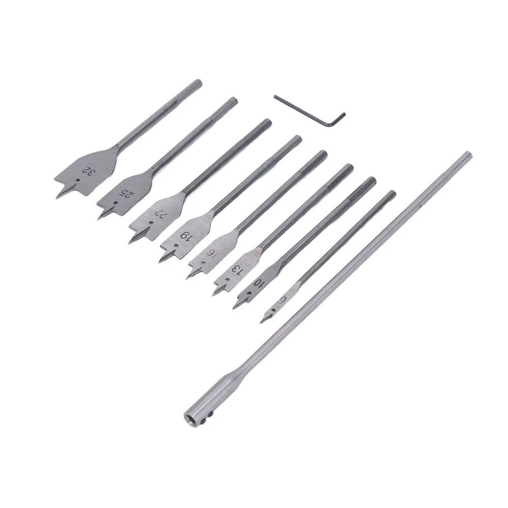 

10pcs 6-32mm Spade Drill Bit Set 1/4in Hex Shank High Carbon Steel Paddle Drill Bits Quick Change Shank 30cm / 11.8in Extension
