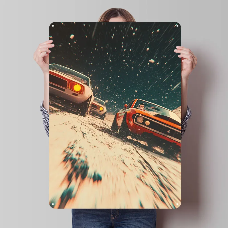 Vintage Cars in Snowstorm Metal Signs Car Poster Wall Art Mural Custom Tinplate Sign for Garage Wall Art Decoration Plates Retro