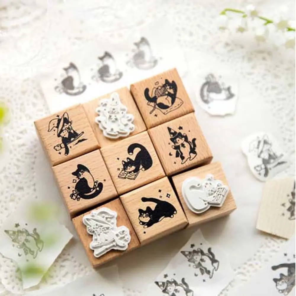 Diy Craft Black Cat Stamps Cute Pet Retro Vintage Wooden Rubber Stamps Animal Shape Handmade Cat Seal Stamping Card Making view 5